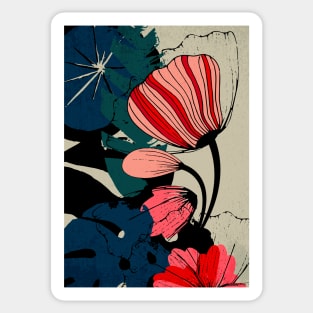 Flowers and leaves – Floral illustration in red, rose and dark colors Sticker